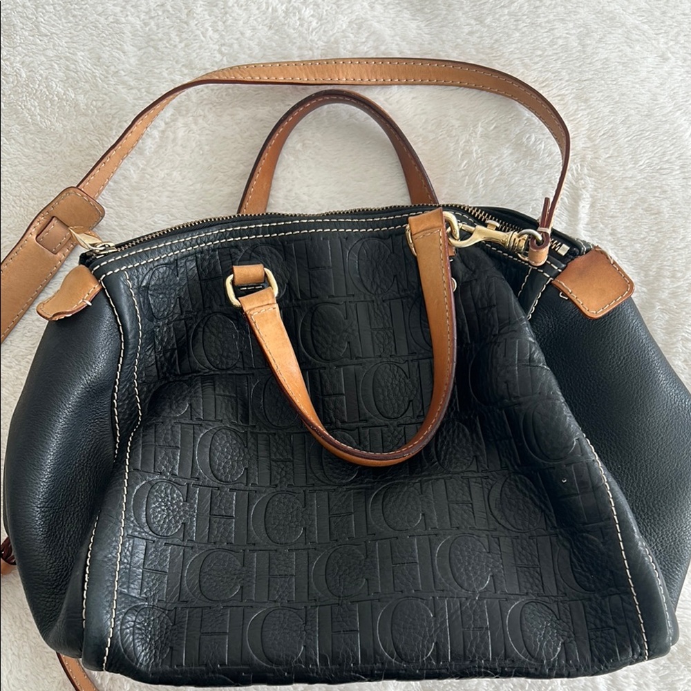 Carolina Herrera Black and Tan Leather Shoulder Bag